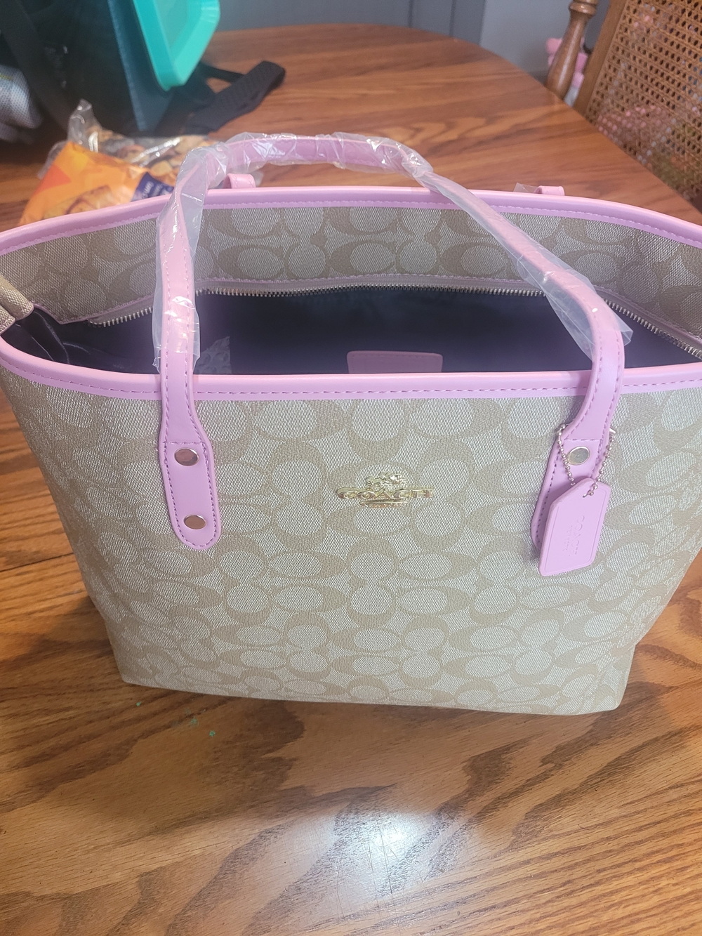 Coach Beige Signature Tote with Pink Trim